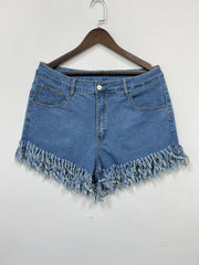  Fringe Trim High Rise Skinny Denim Shorts