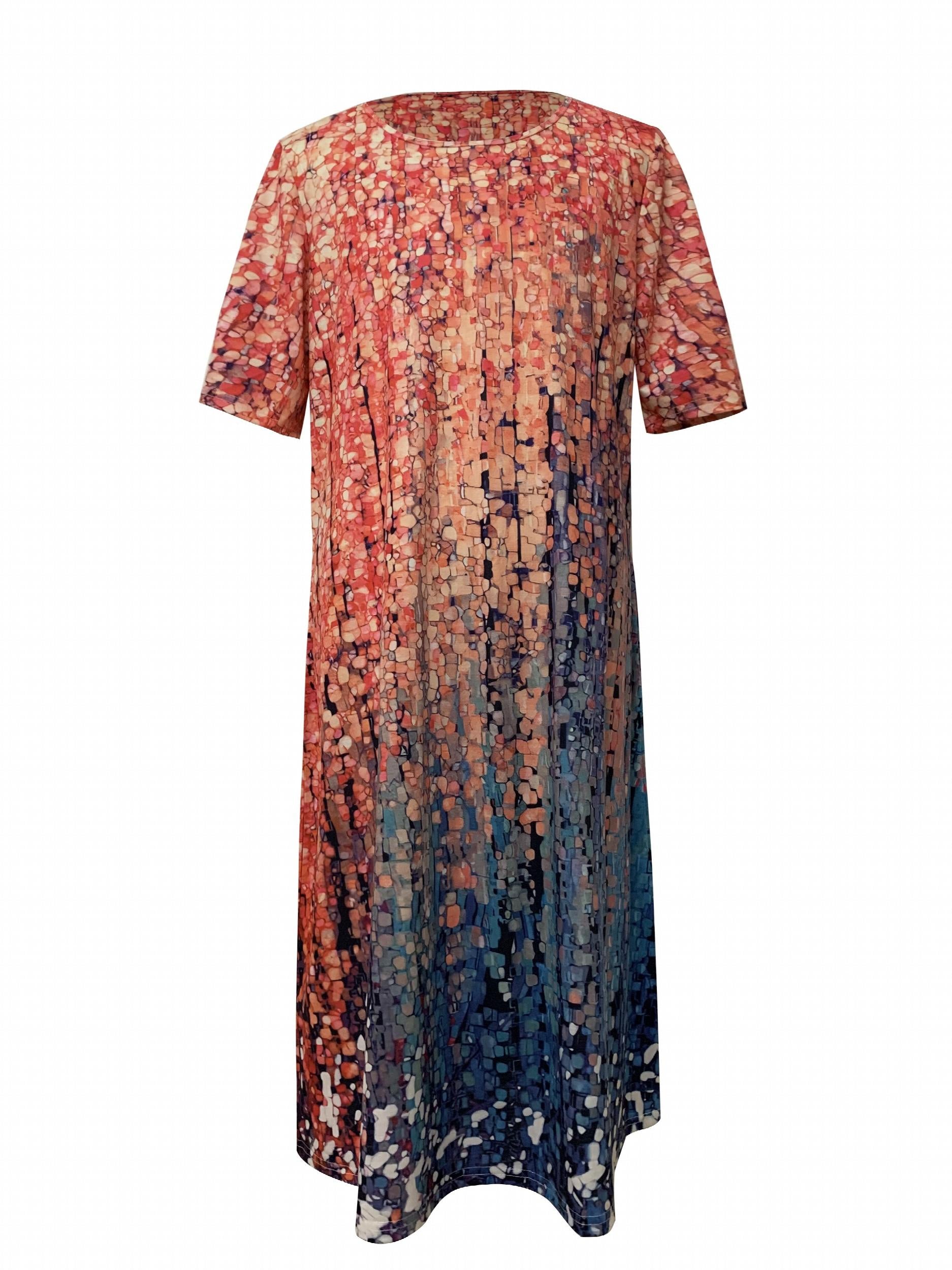  Allover Print Short Sleeve Round Neck Dress with Pockets