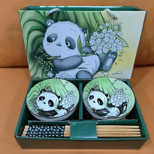 Panda Bowl & Chopstick Set, Ceramic Tableware, 2 Bowls & 2 Chopsticks