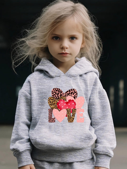 Love Pattern Long Sleeve Hooded Sweatshirt Girls Comfy Hoodies
