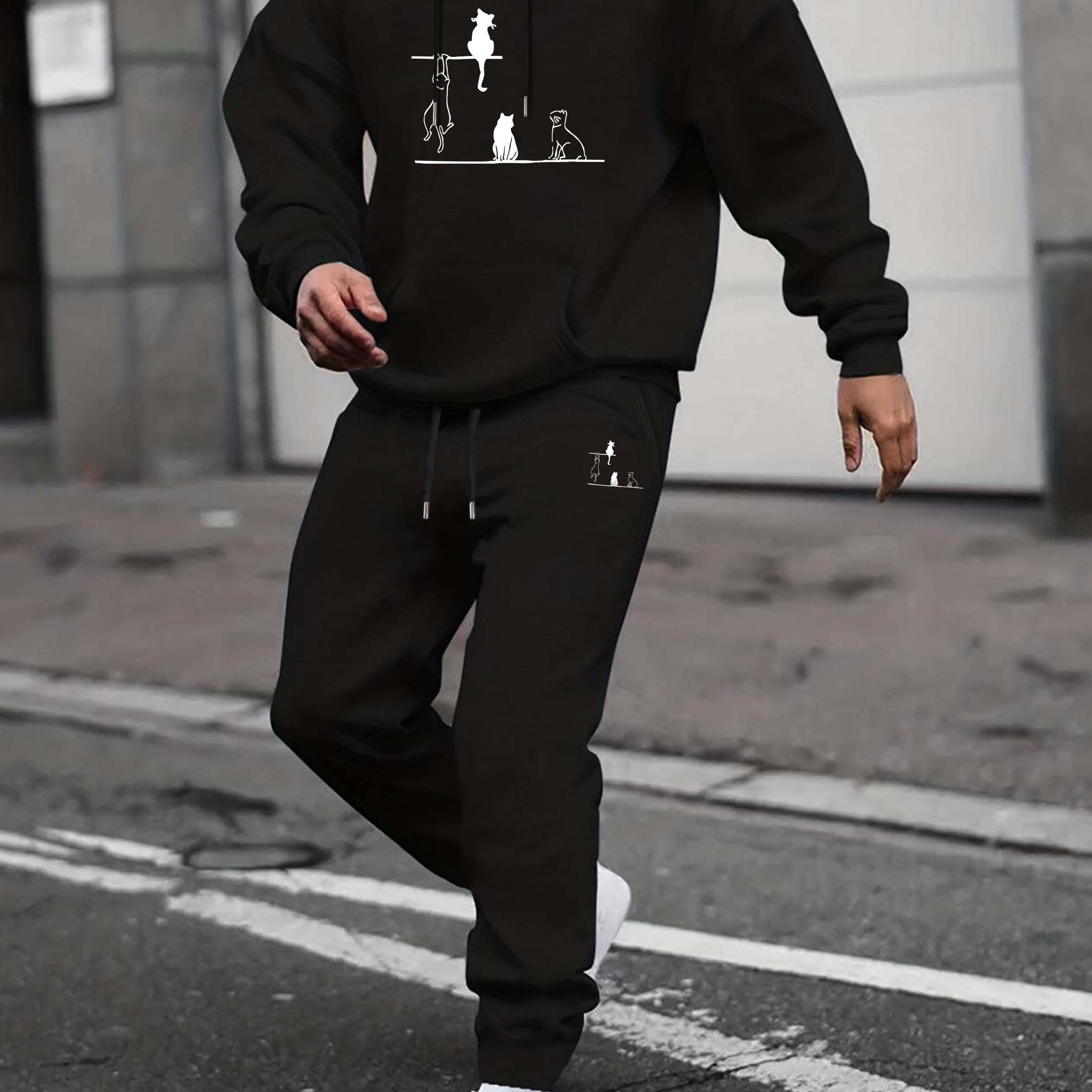 Men's Cats Print 2Pcs Outfits: T Shirt & Hooded Sweatshirt Set