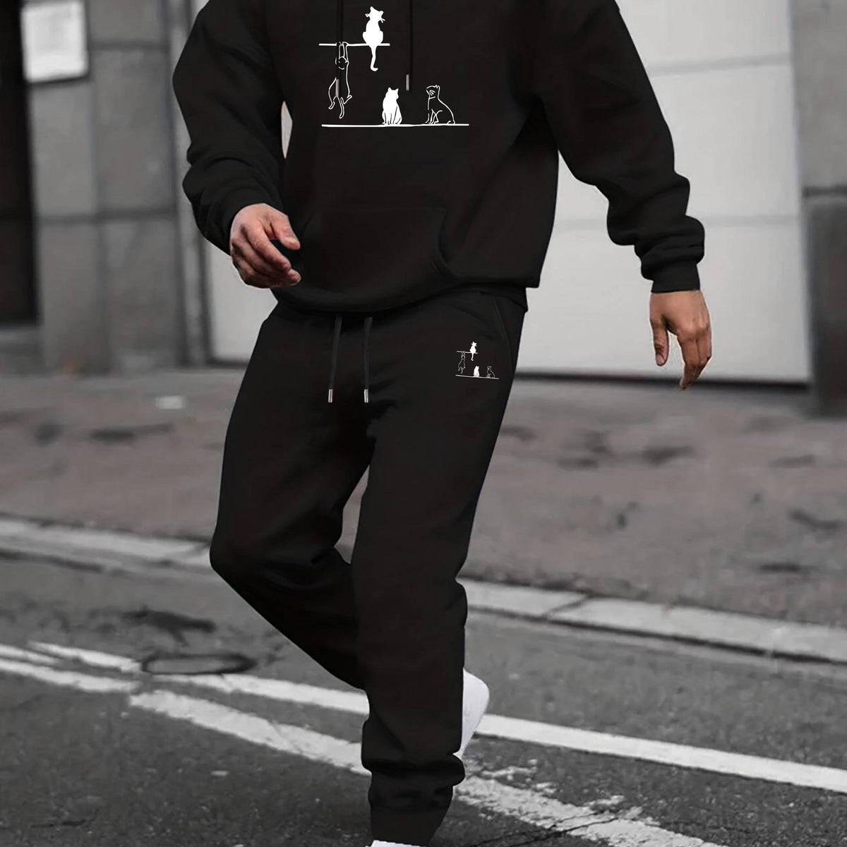 Men's Cats Print 2Pcs Outfits: T Shirt & Hooded Sweatshirt Set