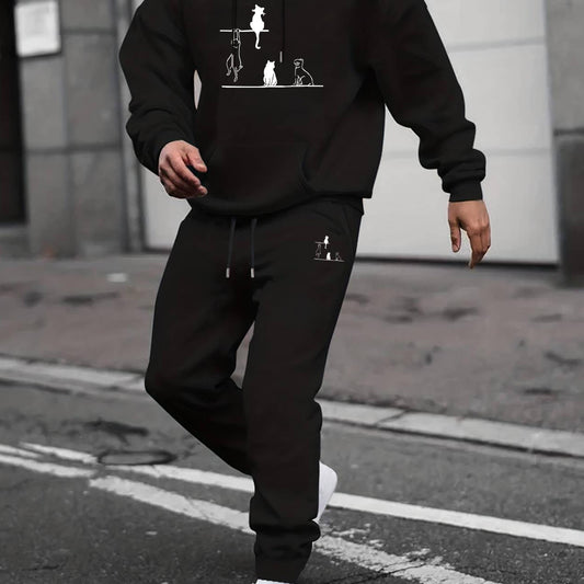 Men's Cats Print 2Pcs Outfits: T Shirt & Hooded Sweatshirt Set