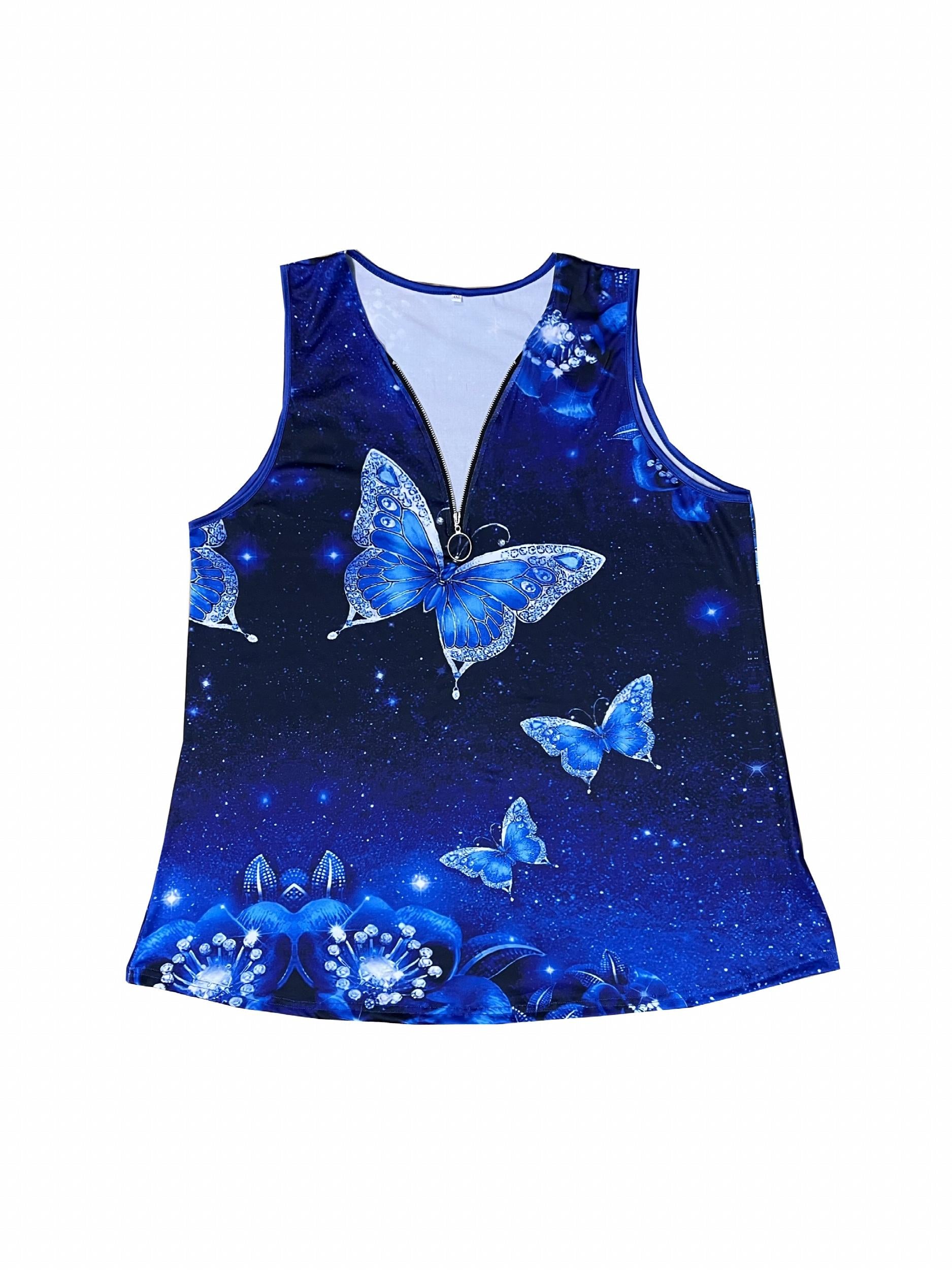 Butterfly Print Zipper V Neck Plus Size Tank Top