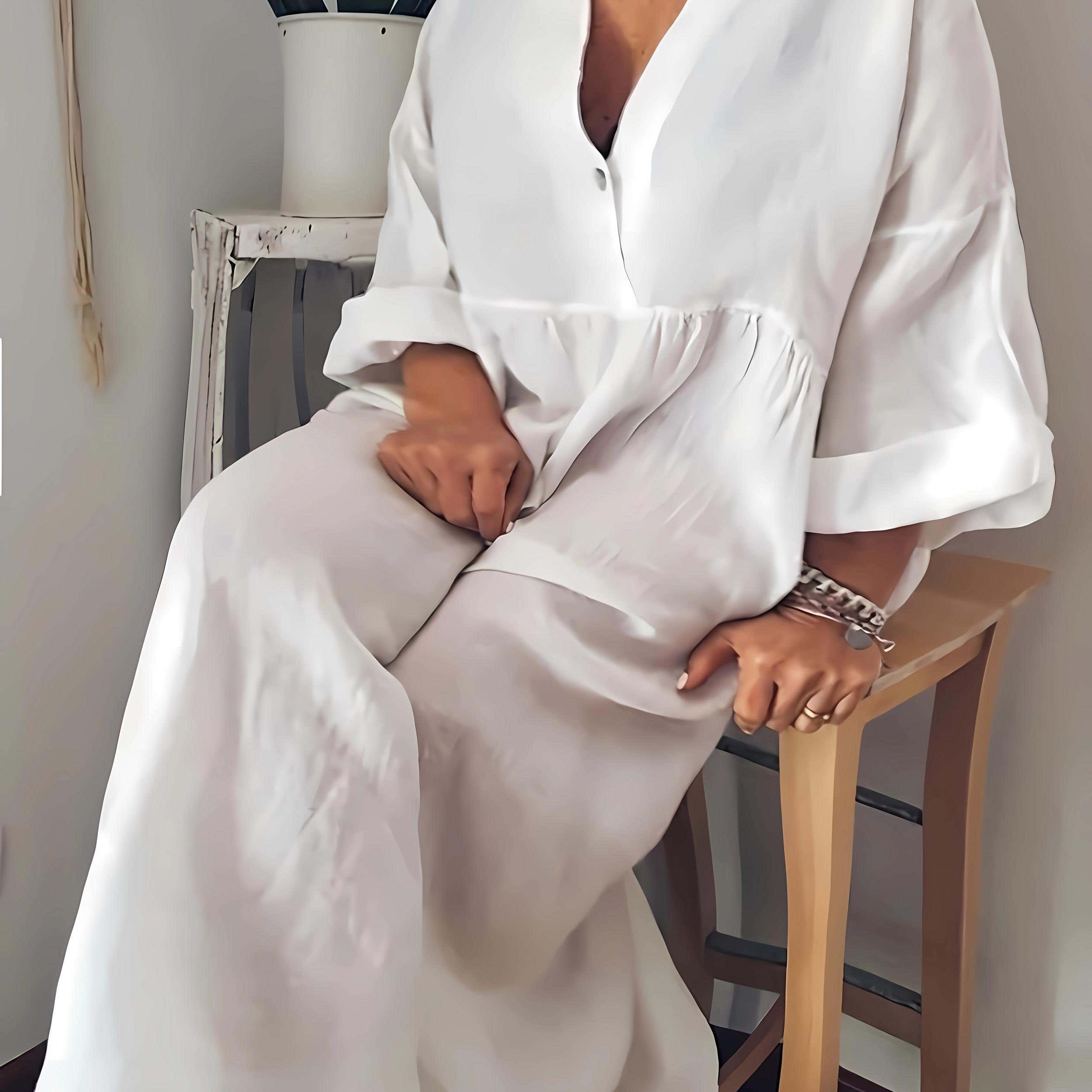  Solid Long Sleeve V Neck Maxi Dress