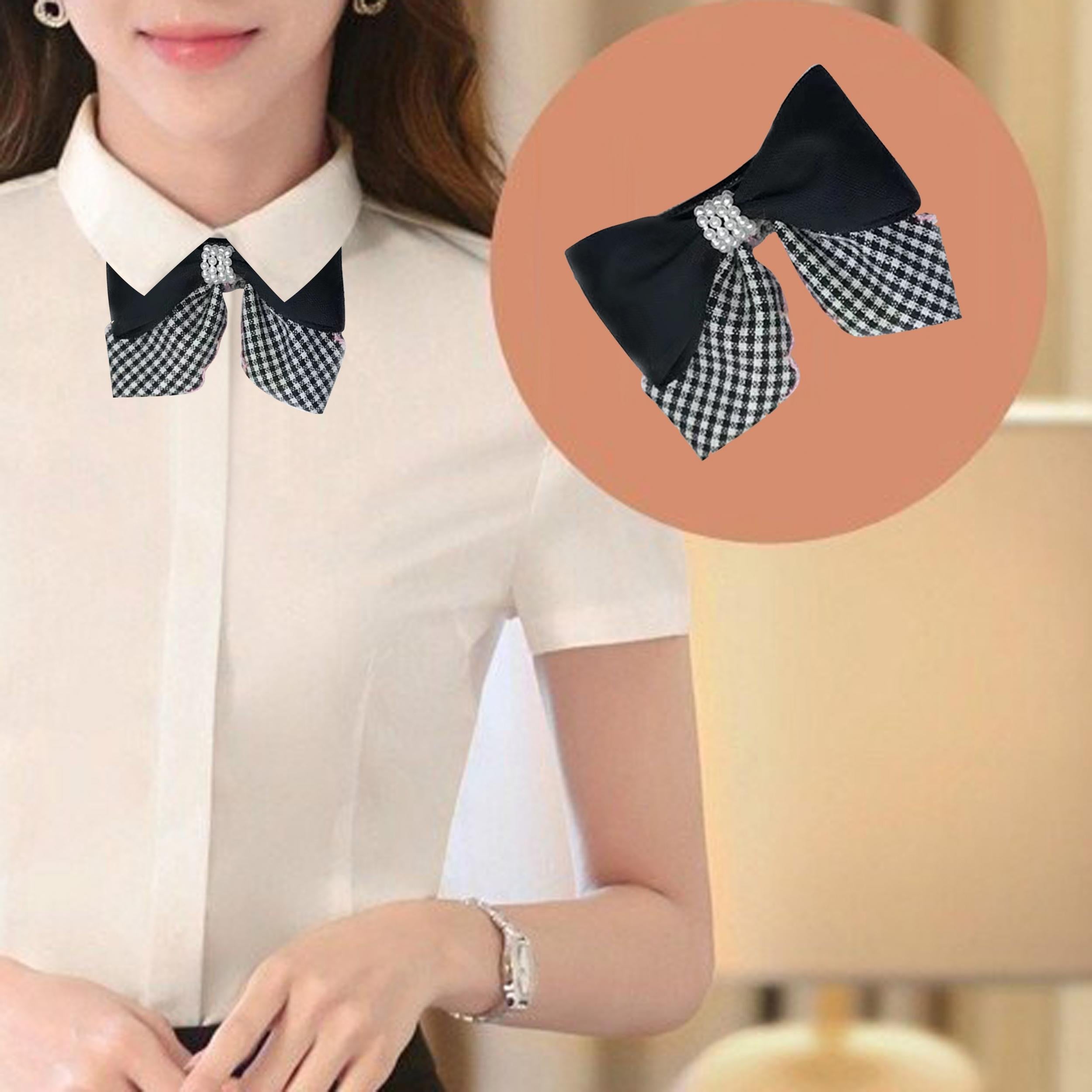 Plaid Pattern Faux Pearl Bowknot Duck Billed Clip Clothing Decoration