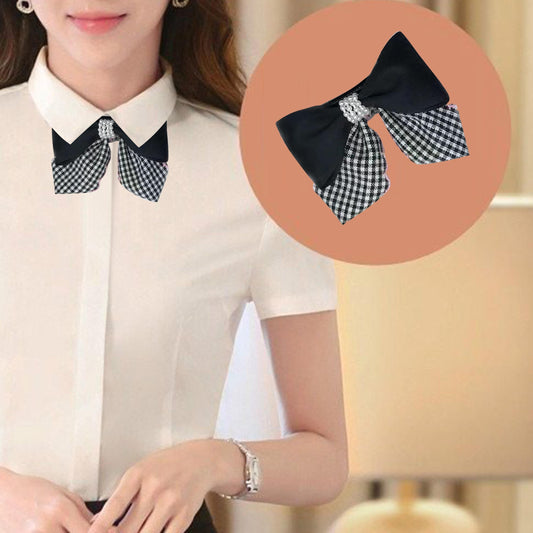 Plaid Pattern Faux Pearl Bowknot Duck Billed Clip Clothing Decoration