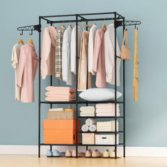 Metal Clothes Storage Rack with Shoe Storage and Hooks