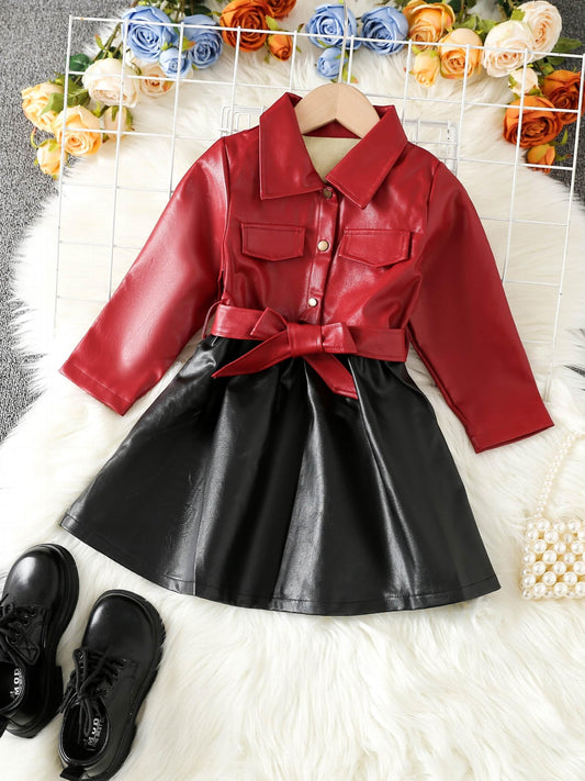 Baby Girls PU Leather Dress Long Sleeve Lapel With Belt Dress