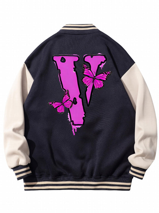 Butterfly Pattern Varsity Jacket Men's Block Button Up Jacket
