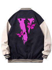 Butterfly Pattern Varsity Jacket Men's Block Button Up Jacket