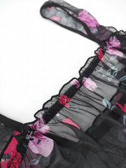 Floral Print Ruffle Trim Mesh Tank Nightdress Women's Plus Size