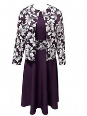 Floral Print 2pc Dress Set Long Sleeve Open Front Top & Block Dress