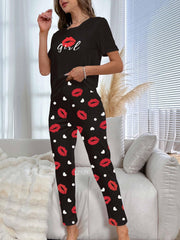 Lips Print Pajama Set Short Sleeve Top & Elastic Waistband Pants