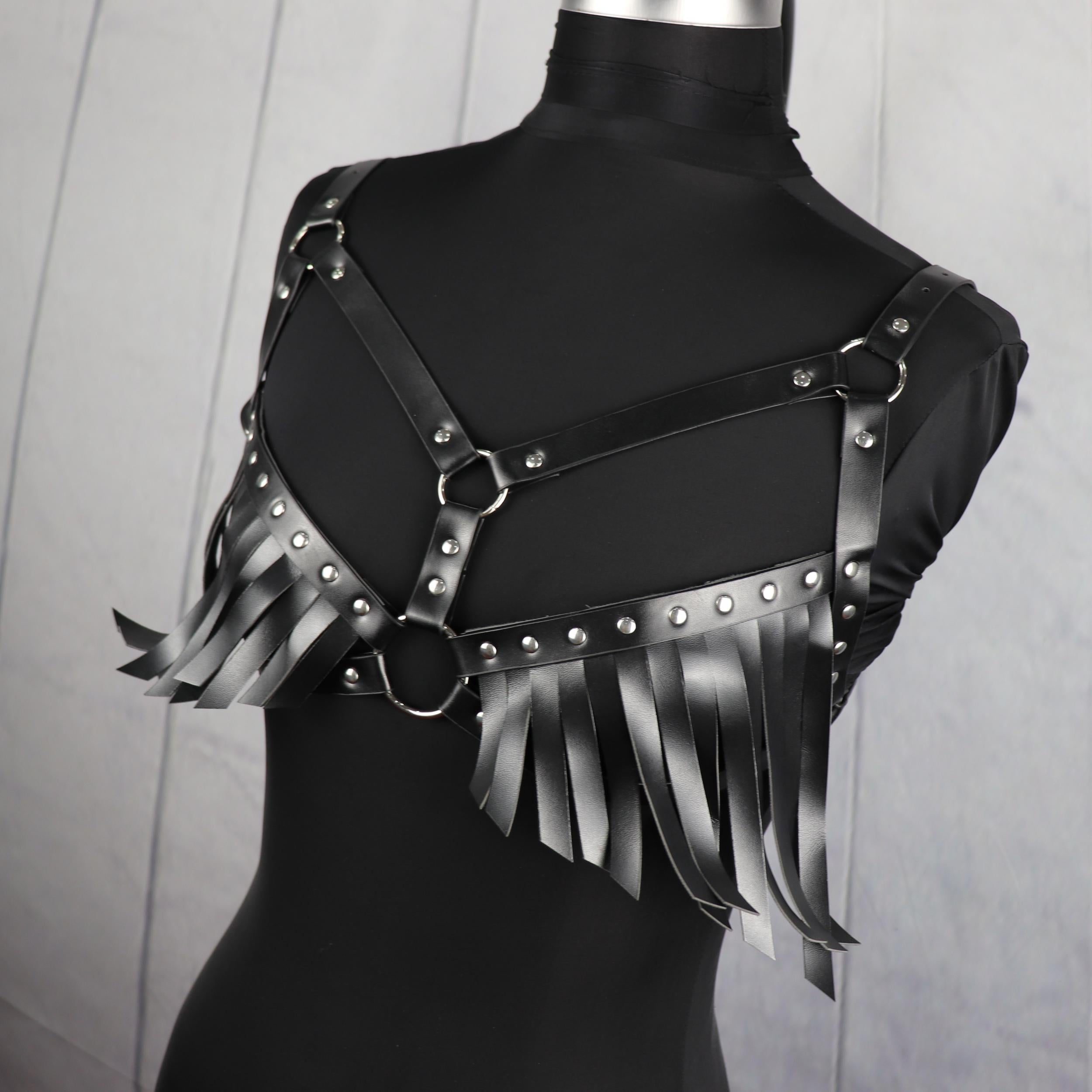 Striped Tassel Caged Bra Harness Belt Rivet Adjustable Corset Belt