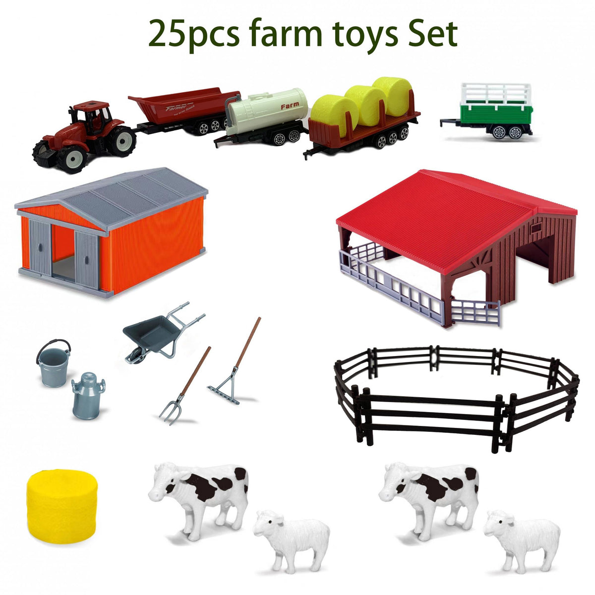 25pcs DIY Farm Toy Set with Cowshed Carport Tractor Animals Tools Fence