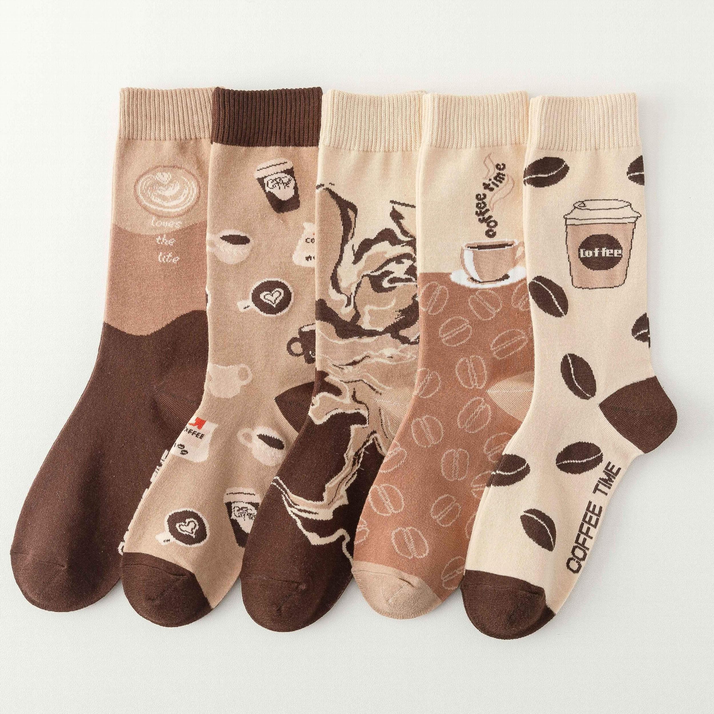 5 Pairs Coffee Print Socks Women's Stockings
