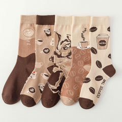 5 Pairs Coffee Print Socks Women's Stockings