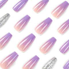 24 pcs Gradient Purple Coffin Glitter Press On Nails Glossy False Nails
