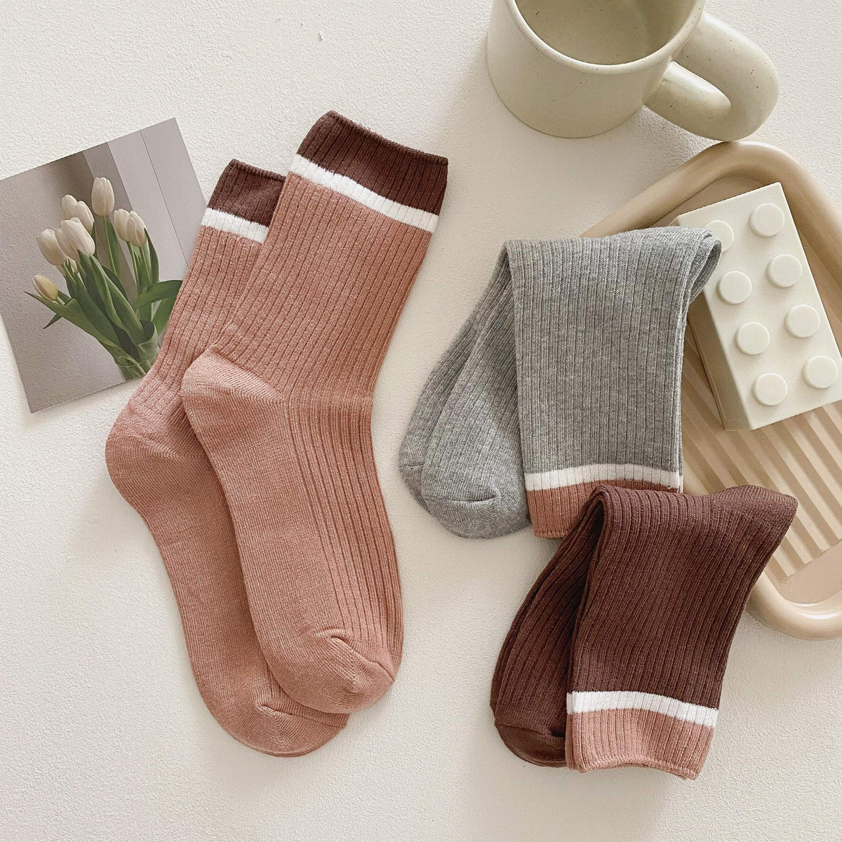 Colorblock Stripe Print Ribbed Socks Mid Tube Stockings