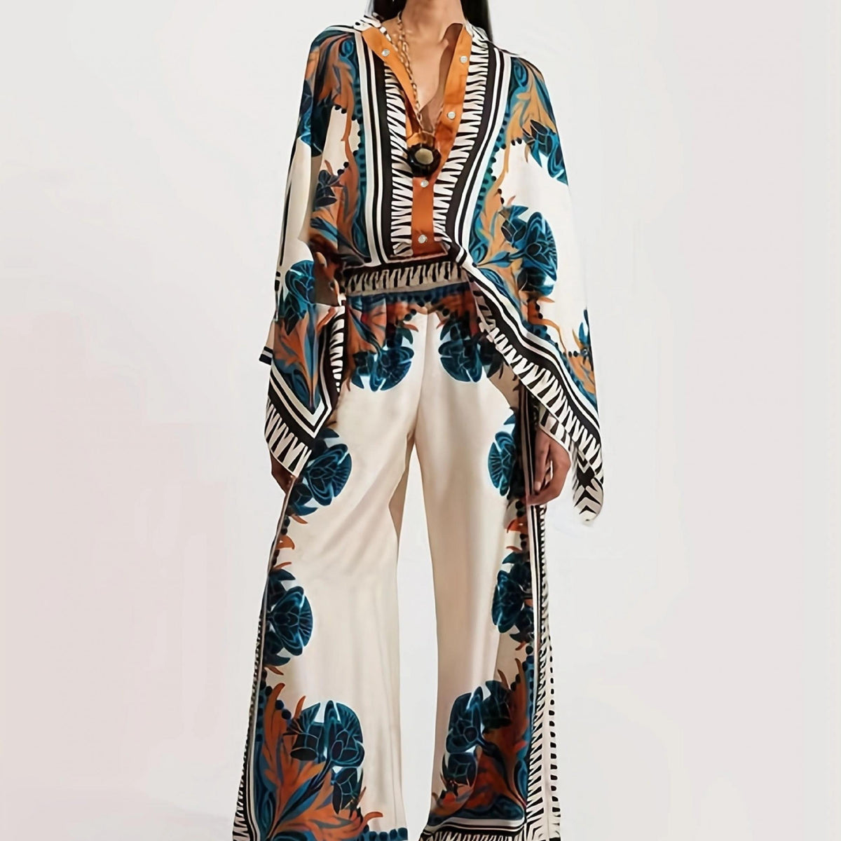 Ethnic Print Two Piece Set Blouse & Pants Outfit
