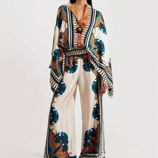 Ethnic Print Two Piece Set Blouse & Pants Outfit