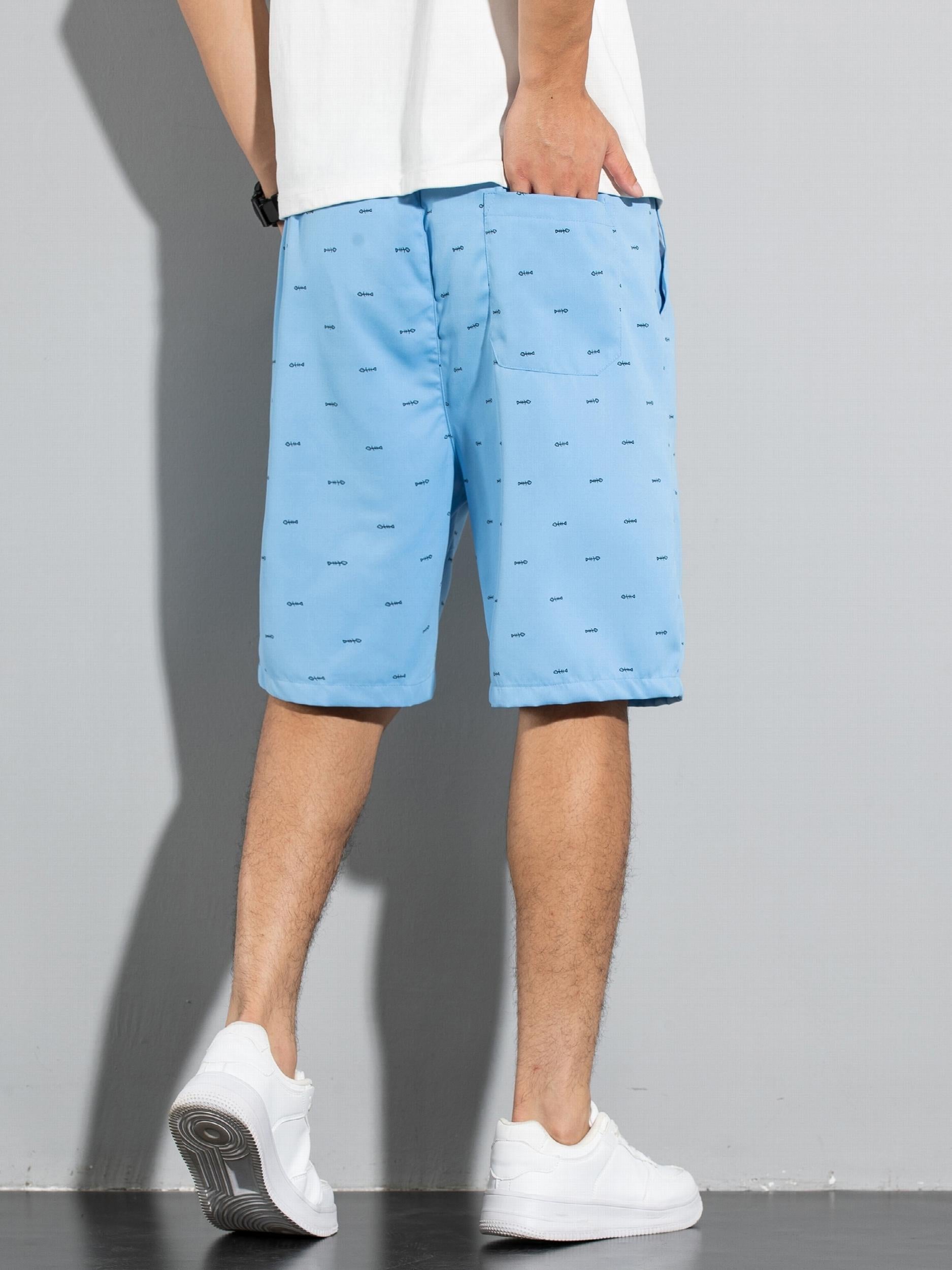 Fish Bone Allover Print Shorts Men's Casual Solid Shorts