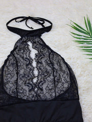 Floral Lace Plunging Teddy Halter Backless Bodysuit