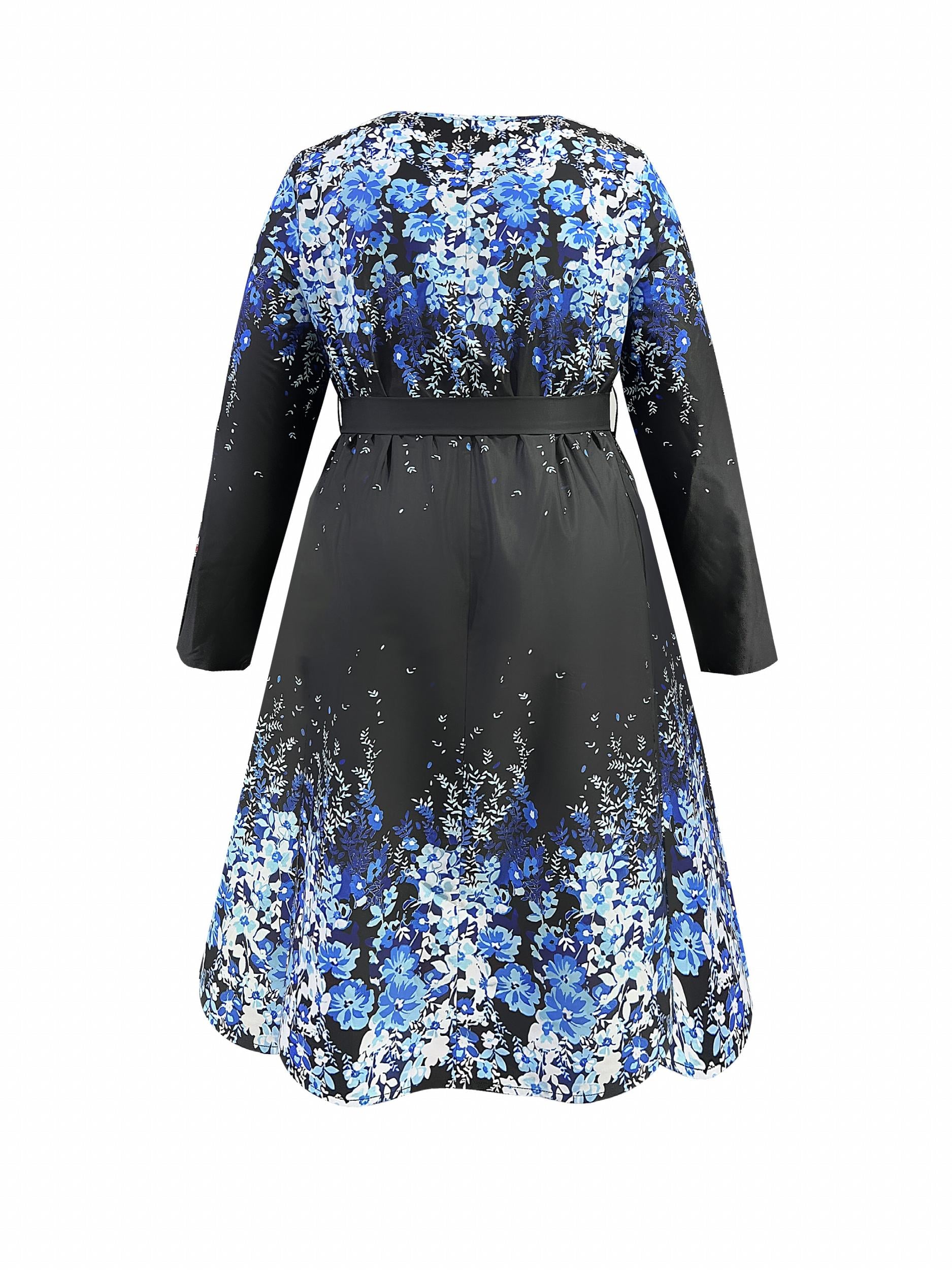  Colorblock Floral Print Round Neck Midi Dress