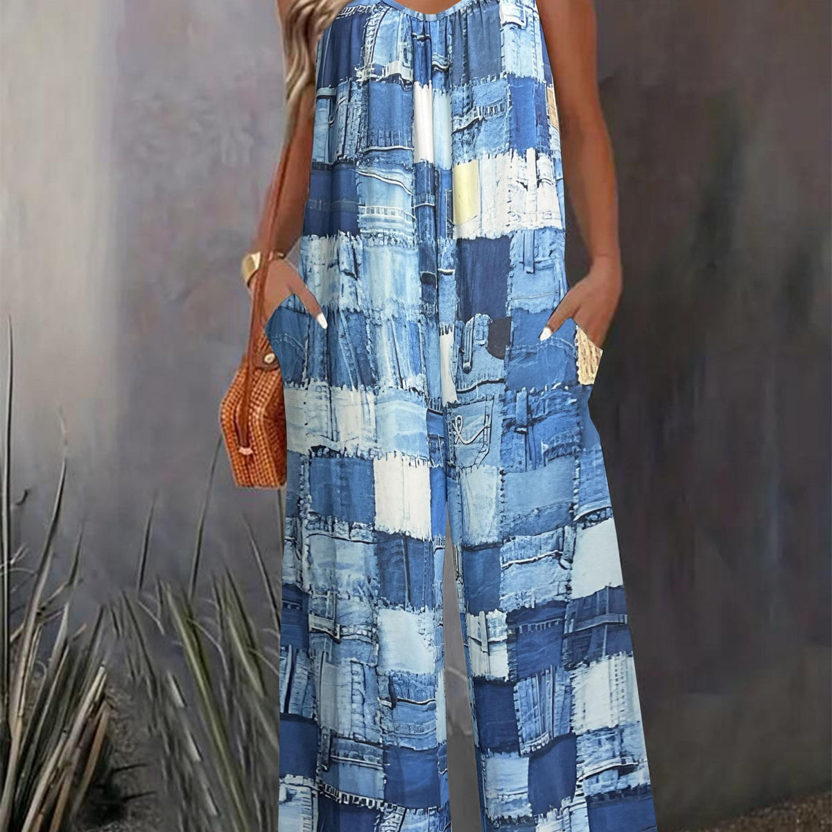  Denim Print Wide Leg Jumpsuit With Pockets