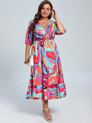 Abstract Print Maxi Dress with Ruffle Trim