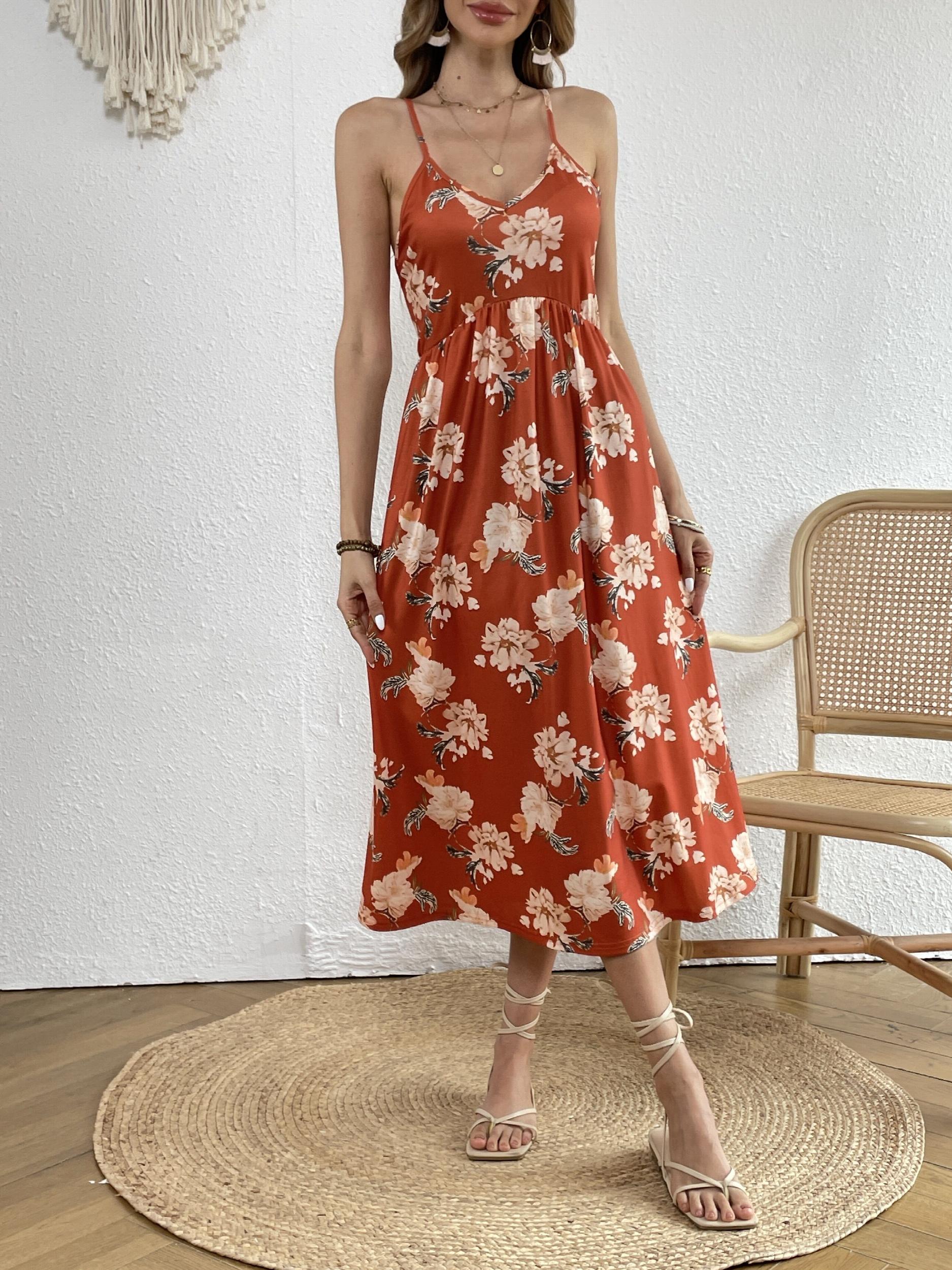 Floral Print Cami Dress Solid Crew Neck Midi Loose Casual Dress