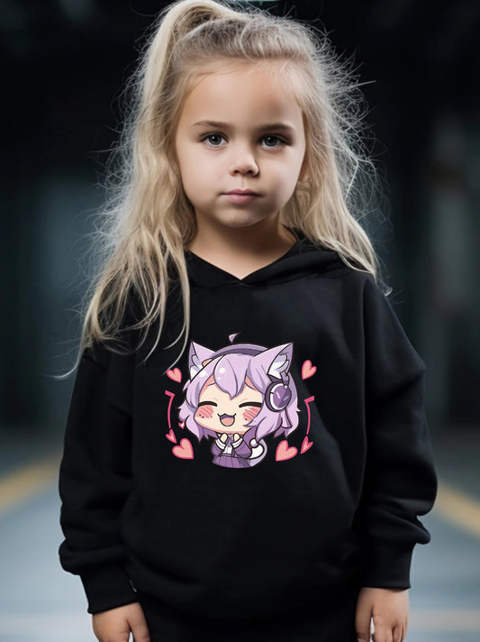 Anime Pattern Long Sleeve Hooded Sweatshirt Girls Comfy Hoodies Pullover