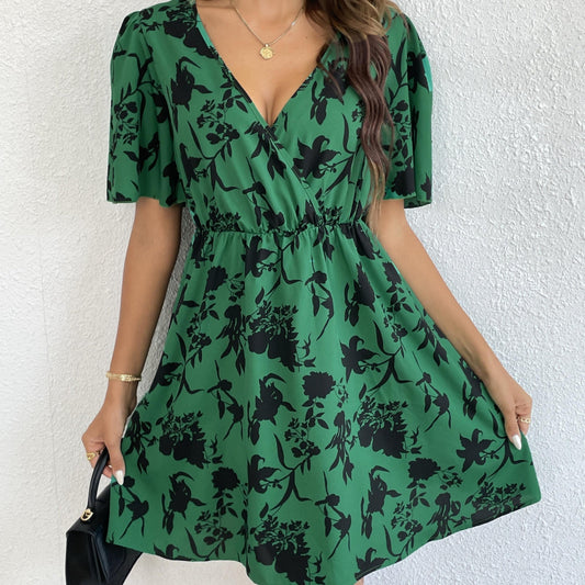 Floral Print Surplice Neck Short Sleeve Dress for Women