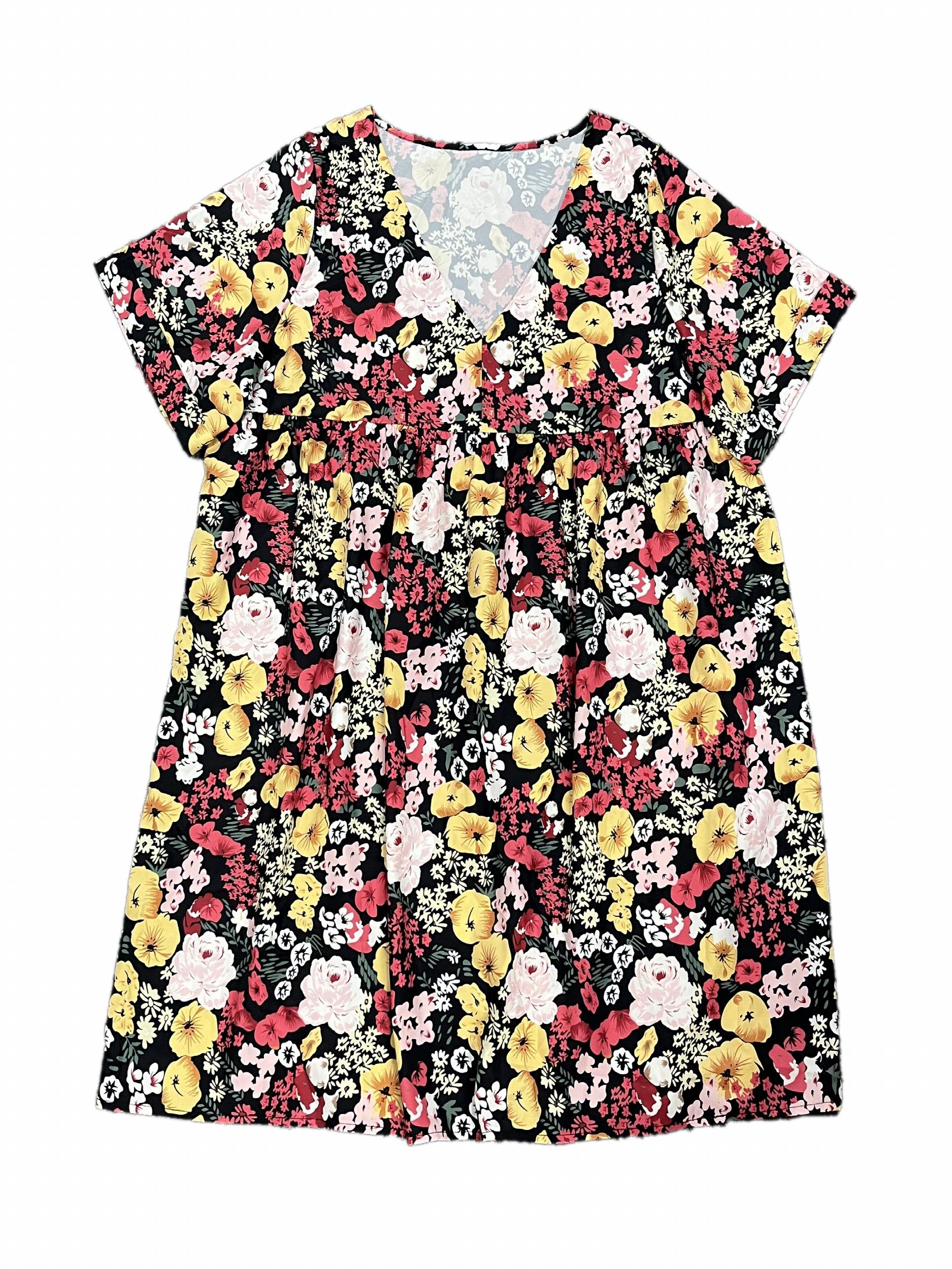  Floral Print V Neck Mini Dress