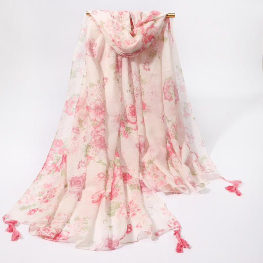 Rose Print Long Scarf Pink Tassel Shawl Windproof Head Wrap