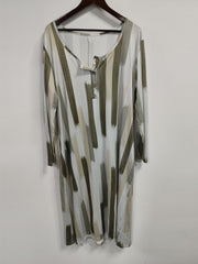  Brush Print Button Up Long Sleeve V Neck Dress