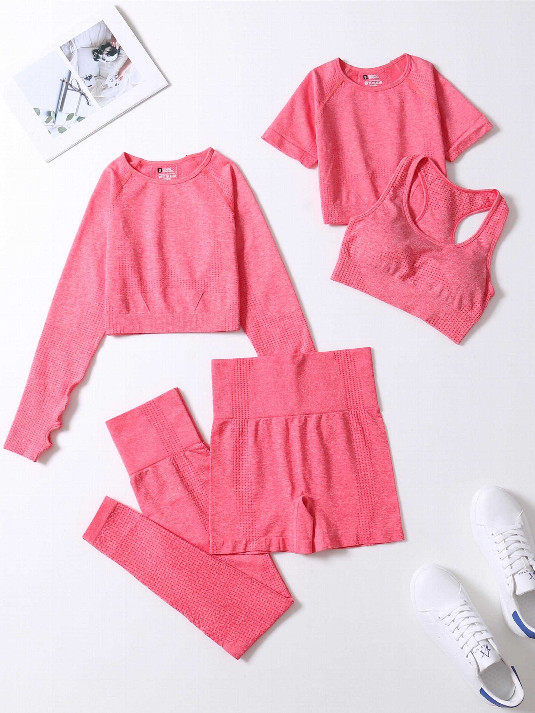 5pcs Workout Sets Crew Neck Sports Bra High Waist Shorts Leggings