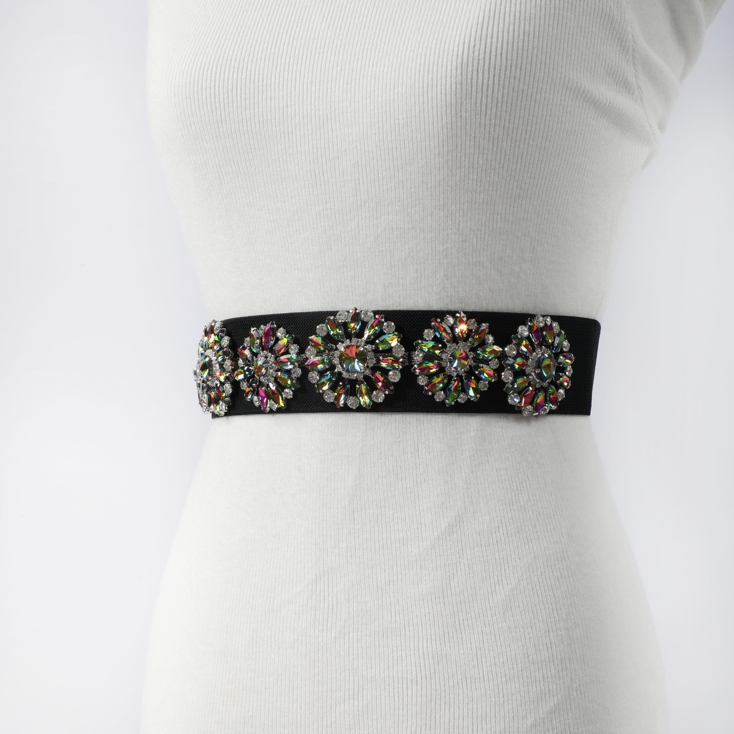 Rhinestone Flower Wide Belt Elastic Waistband for Women
