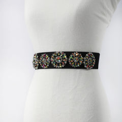 Rhinestone Flower Wide Belt Elastic Waistband for Women