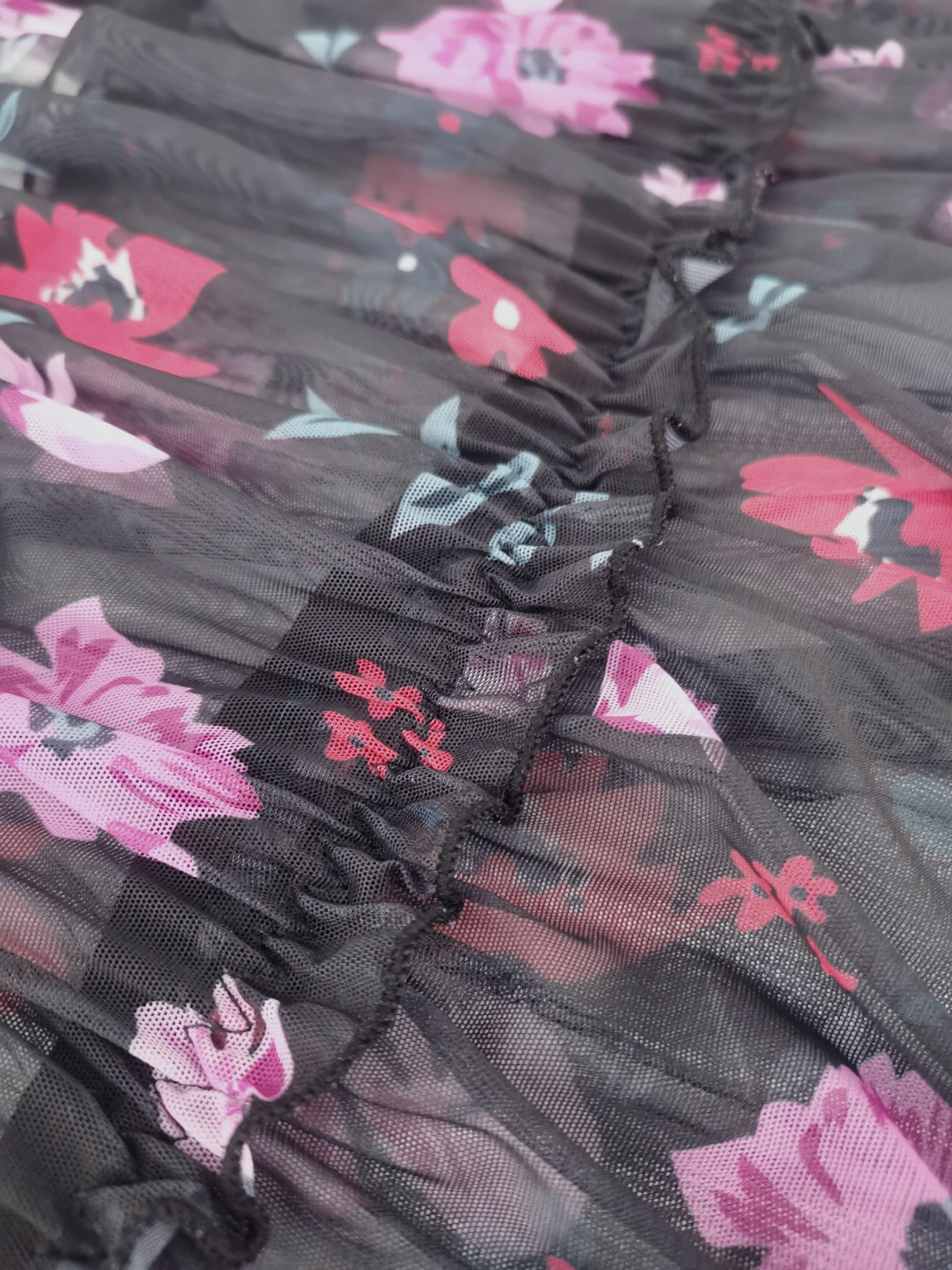 Floral Print Ruffle Trim Mesh Tank Nightdress Women's Plus Size