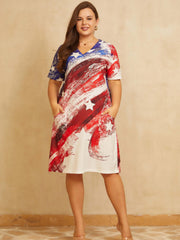  Colorblock Geometric Print Short Sleeve Dress with Pockets