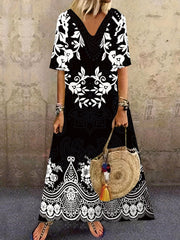  Floral Print V Neck Short Sleeve Maxi Dress