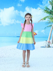 Girls Ruffled Sleeves Crew Neck Block Cotton Loose Dress