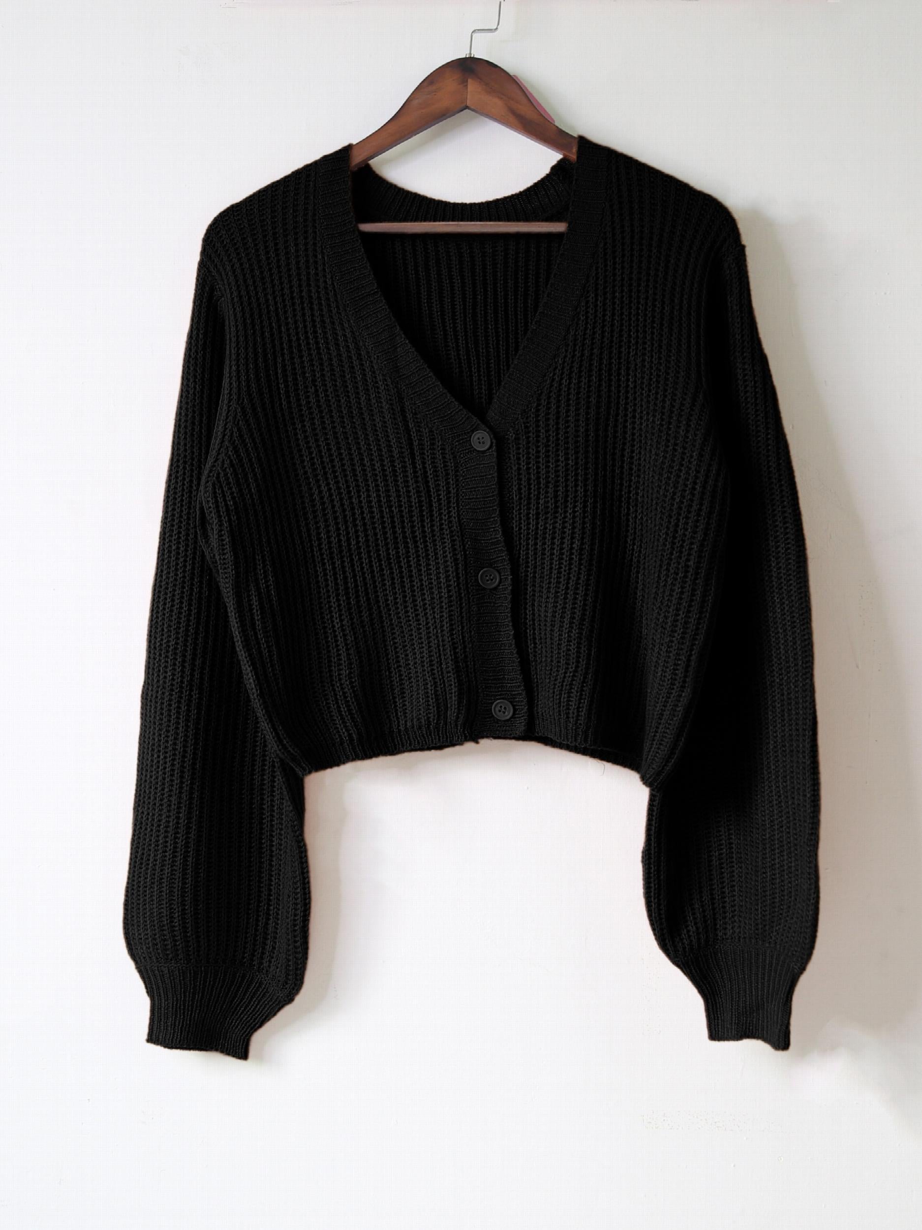 Solid Button Front Knit Cardigan V Neck Sweater
