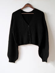 Solid Button Front Knit Cardigan V Neck Sweater