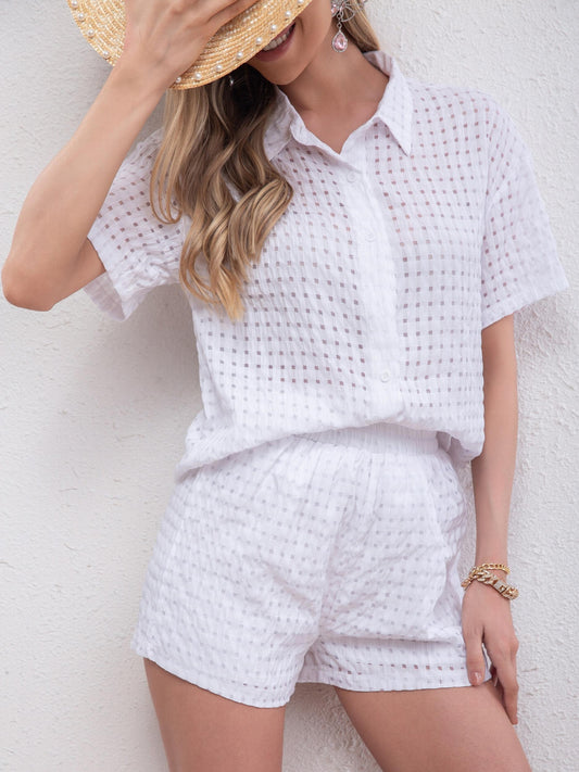 Plaid Pattern Two piece Set Polo Collar Top & Shorts