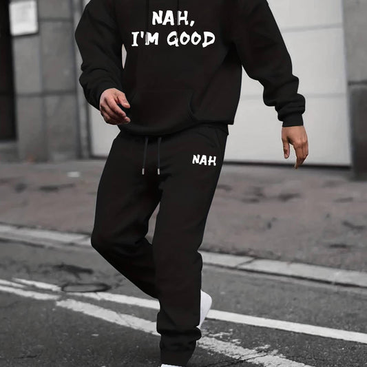 Men's Casual Crew Neck Long Sleeve T Shirt Hooded Sweatshirt Set