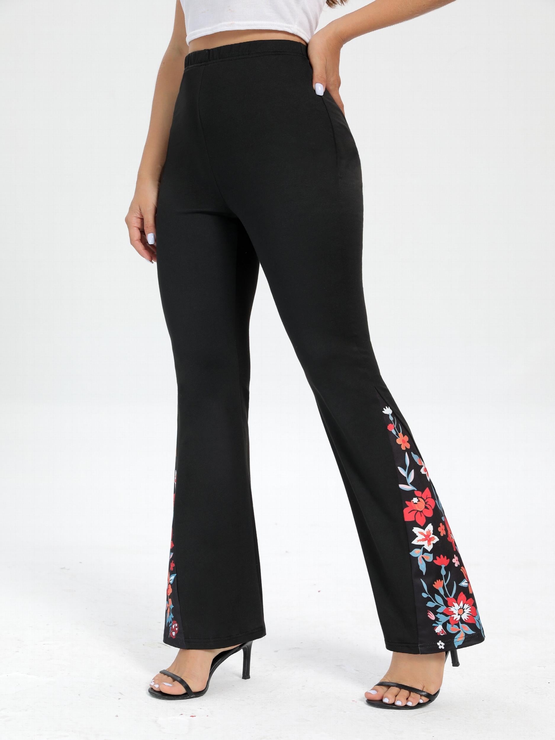  Colorblock Floral Print High Rise Flared Leg Trousers