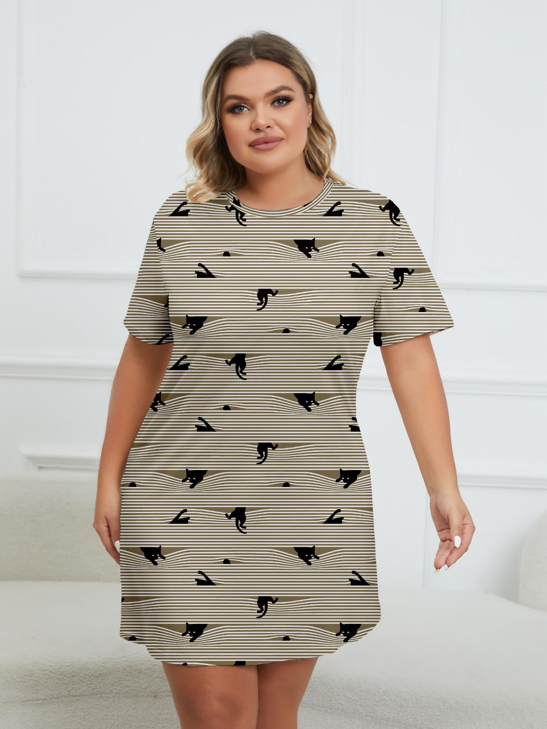  Cat & Stripe Print Tee Nightdress